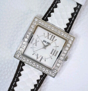 Folli Follie Women’s Square Crystal Bezel Watch – White Strap, Roman Numerals